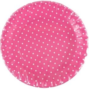 Talerz papierowy 10szt., średnica 15 cm, gruby, różowy z białymi kropkami.